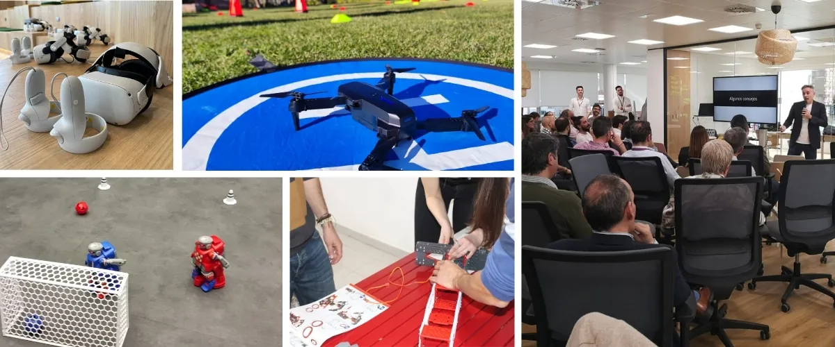 Collage con gafas de realidad virtual, dron, robots futbolistas y charla con público