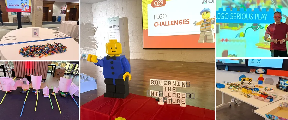 Montaje de Lego Challenges con figura gigante, mesas de piezas y presentación de Lego Serious Play