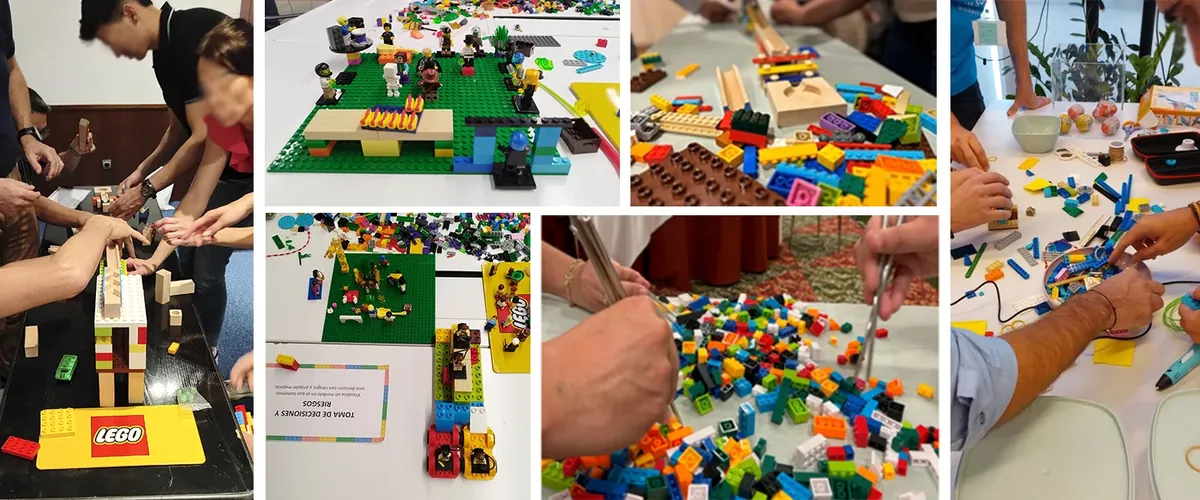 Collage de equipos construyendo maquetas y torres en un taller de Team Building Lego