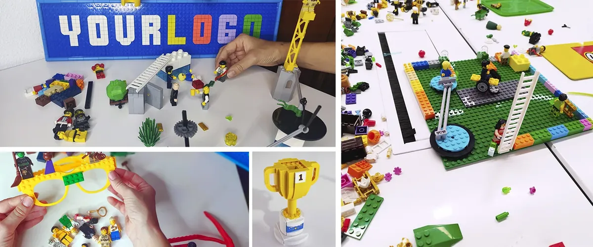 Maquetas con minifiguras, un trofeo y unas gafas construidos con piezas de Lego