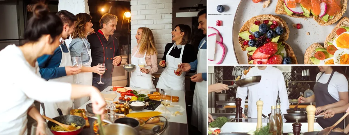 Participantes brindando en la cocina junto al chef, con detalles de platos y fogones