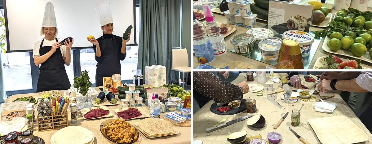 Collage de las cocineras presentando ingredientes y participantes cortando y emplatando en la actividad