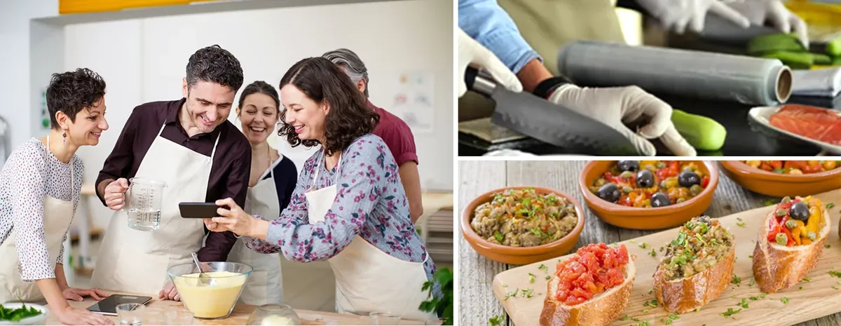 Grupo consultando una receta en la tableta junto a tostas y cazuelas de tapas preparadas