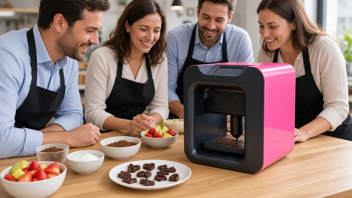 Impresora 3D de chocolate creando figuras ante un equipo con delantal en el team building MasterChef