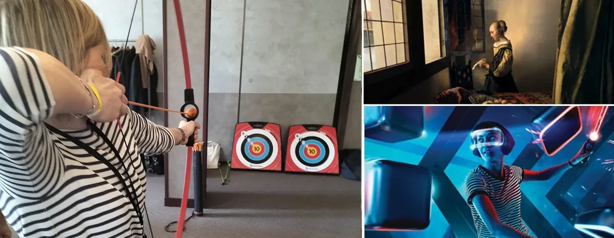 Collage con tiro con arco, pintura clásica y persona jugando en realidad virtual