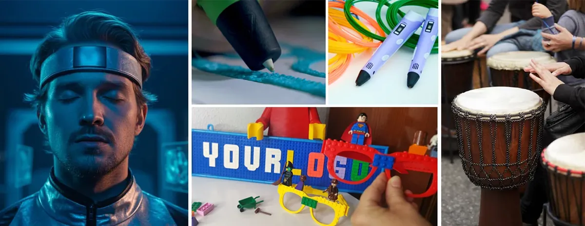 Collage de estaciones sensoriales con bolígrafo 3D, construcción con bloques y tambores