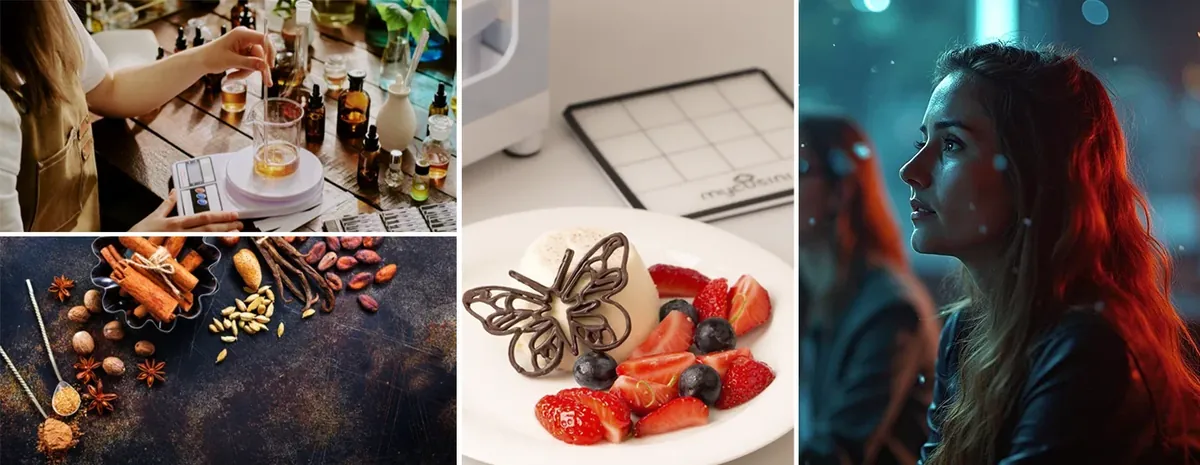 Collage con esencias, especias, postre de fresas y una mujer en ambiente de luces