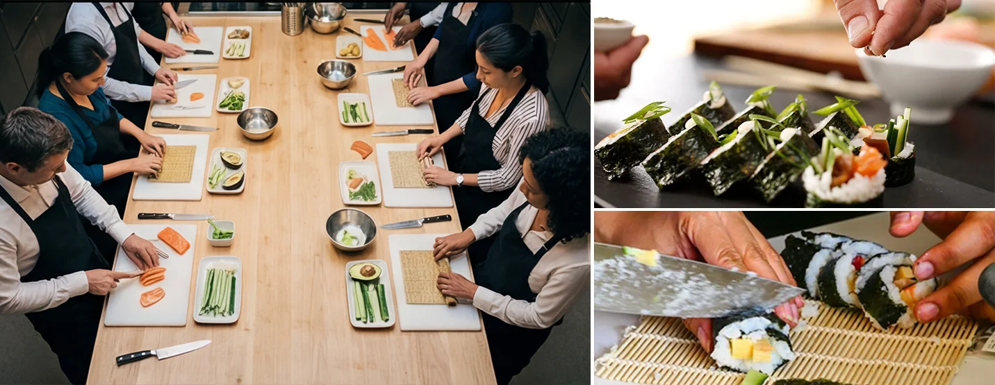 Resultado final del taller de sushi corporativo - equipo con sus creaciones