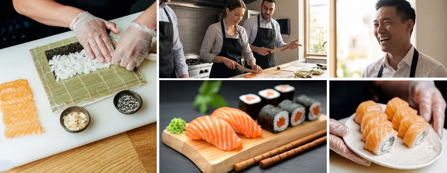 Elaboración de sushi en taller team building para empresa en Madrid