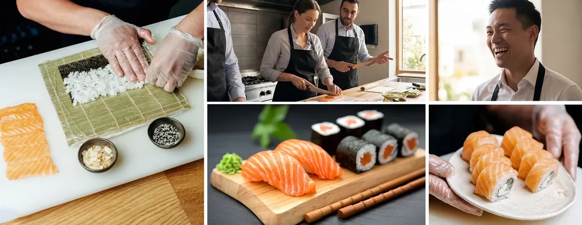 Collage con arroz sobre esterilla, pareja cortando salmón y bandejas de nigiris y makis
