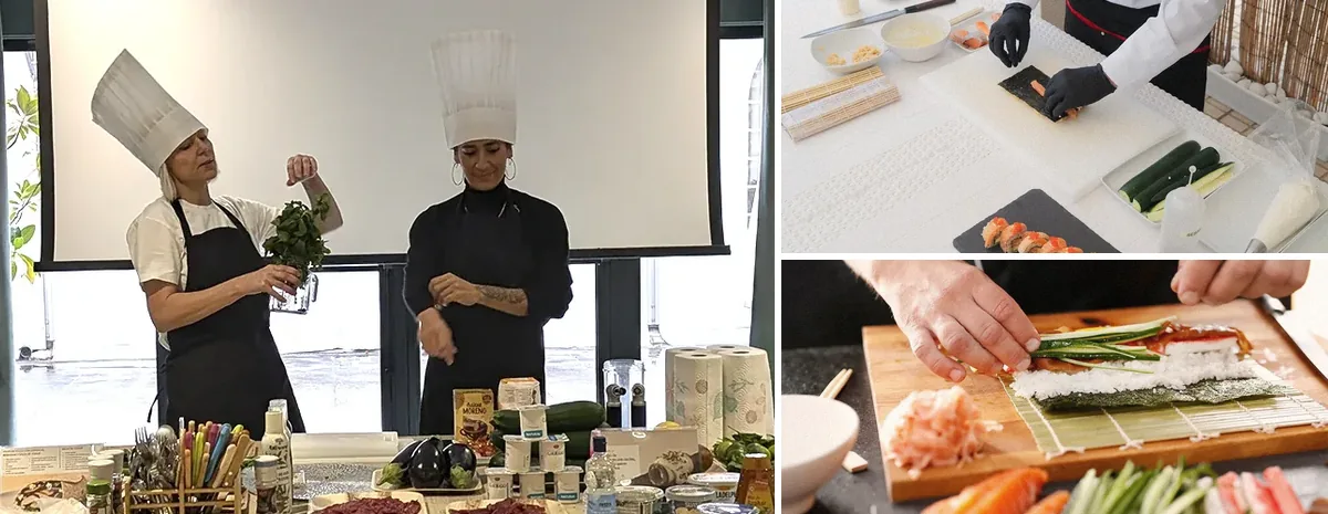 Collage del team building sushi: dos cocineras con gorro de chef en la demostración, chef preparando un uramaki y maki sobre la esterilla de bambú