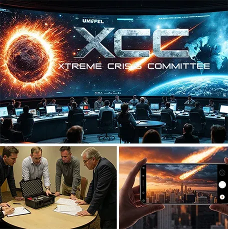 Sala de control ante un meteorito y equipo reunido en Xtreme Crisis Committee
