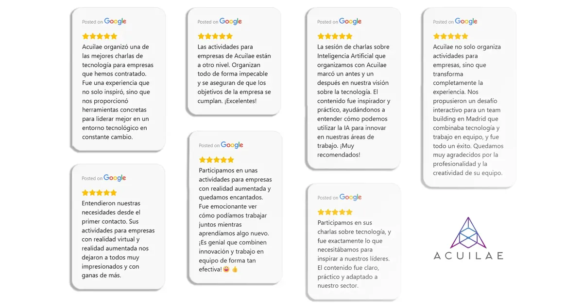 Reseñas de cinco estrellas en Google sobre actividades de team building en Madrid de Acuilae