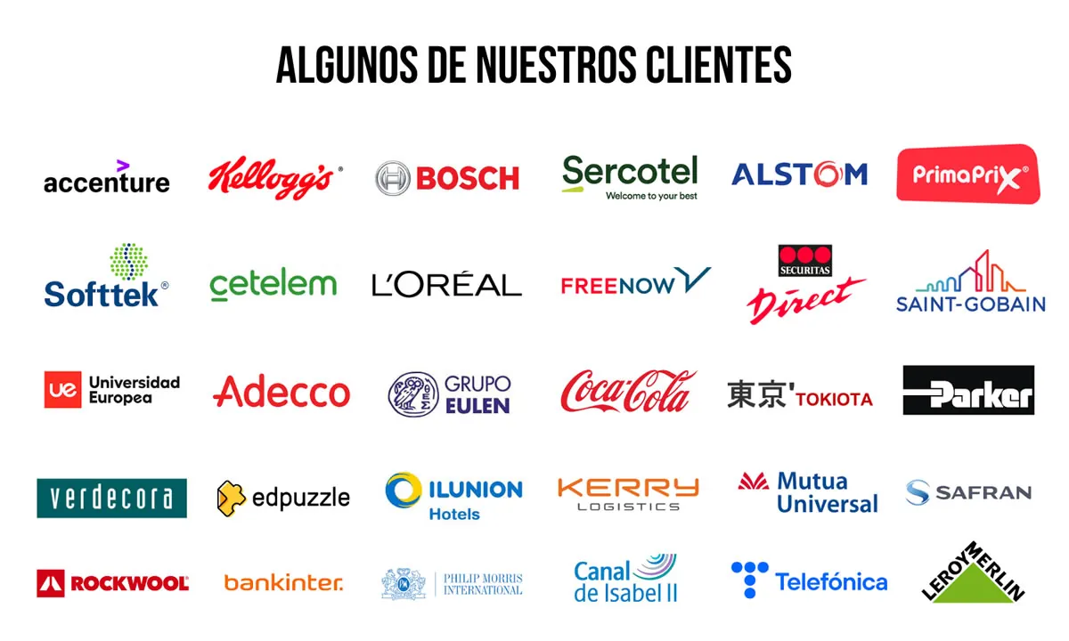 Logotipos de algunos clientes de Acuilae como Accenture, Bosch, L'Oréal, Coca-Cola y Telefónica