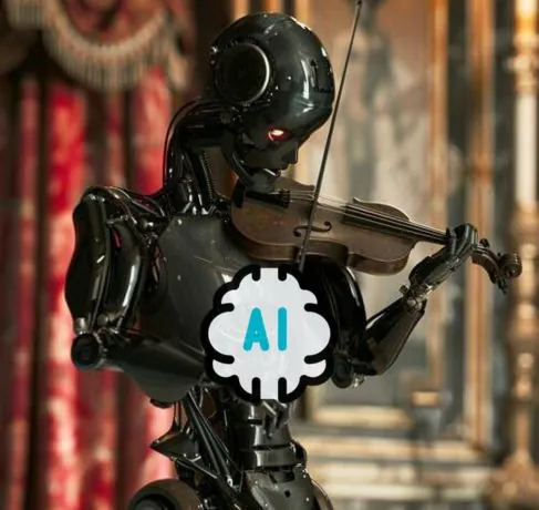 Robot humanoide tocando el violín con un icono de inteligencia artificial en el pecho