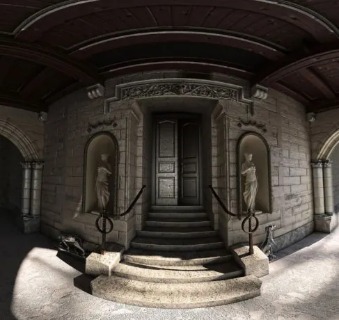 Vista panorámica 360 de la entrada de un palacio con estatuas y escalinata