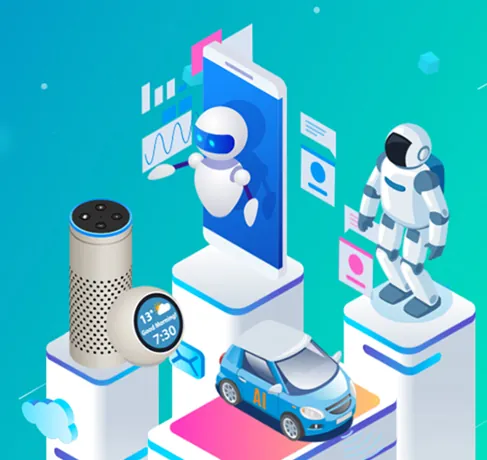 Ilustración isométrica de robots, altavoz inteligente y coche autónomo sobre fondo turquesa