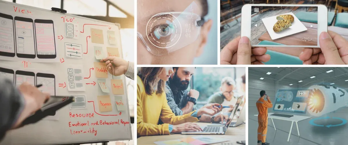 Collage sobre WebAR con bocetos de interfaz, gafas inteligentes y móvil con objeto 3D