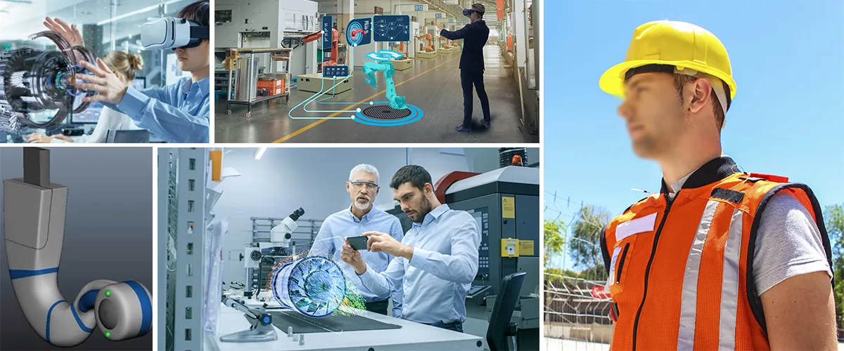 Collage de prototipos industriales con realidad virtual, robótica en fábrica, pieza 3D y operario