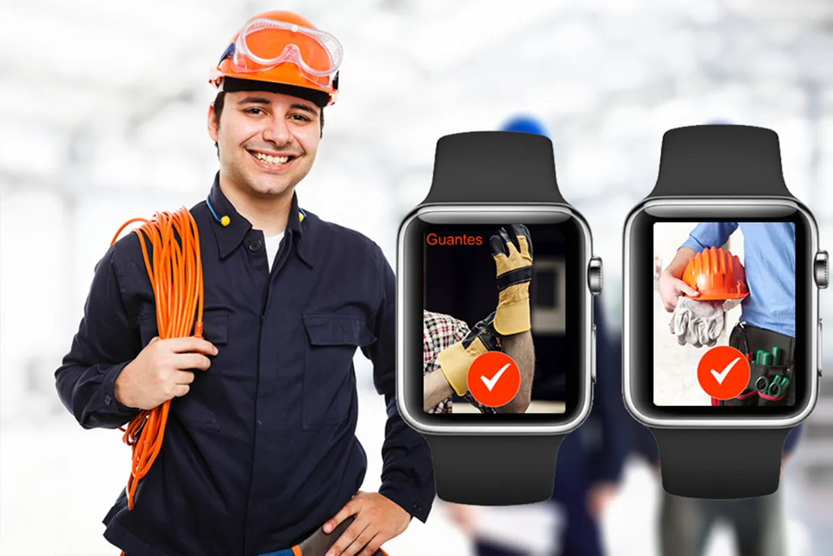 Operario con casco junto a dos smartwatches que verifican guantes y equipos de protección