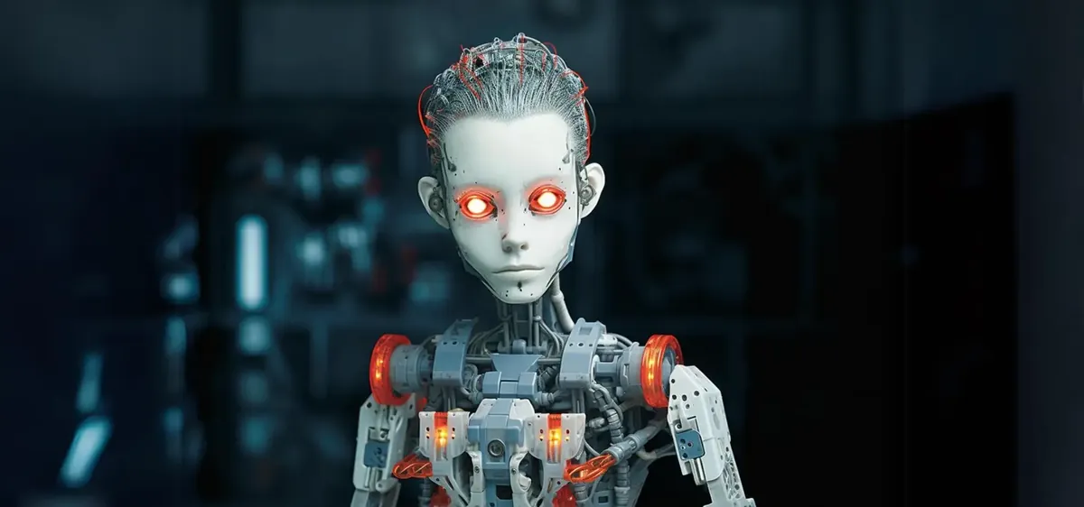 Androide con ojos rojos luminosos y cables visibles, creado con inteligencia artificial generativa