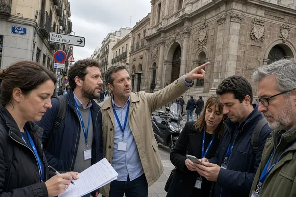 Equipo con acreditaciones resolviendo pistas en una calle de Madrid