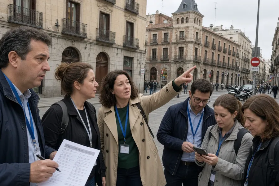 Equipo de compañeros con acreditaciones resolviendo pistas en la calle Mayor de Madrid durante una gymkana de empresa